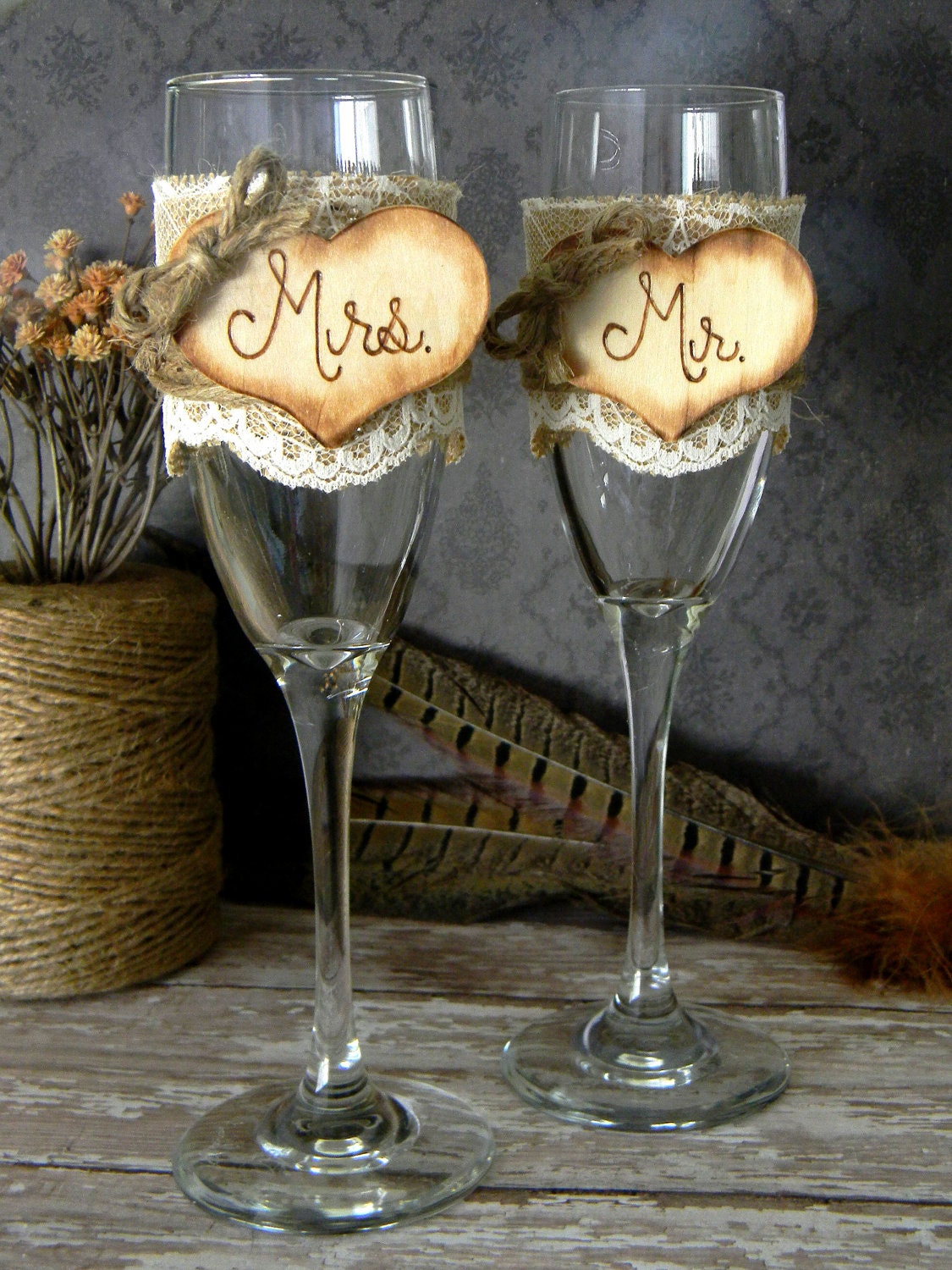 Mr. & Mrs. Glasses Champagne Flutes Rustic Woodland Shabby Chic Burlap and Lace