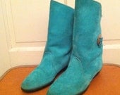 Vintage 1980's Suede Turquoise Womens Booties with Concho
