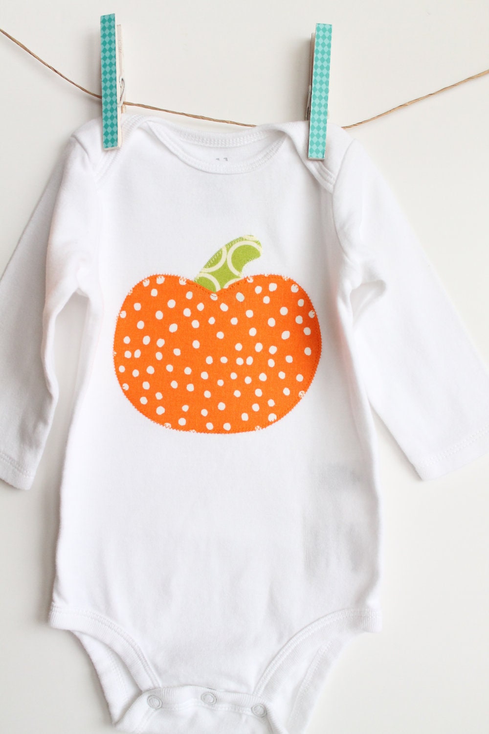 Custom Baby Onesie / Bodysuit, Lil Pumpkin, in Orange Dots and Green Circles, Baby Bodysuit Onesie, Halloween, Size 0-3, 3-6 or 6-12m