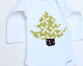 Custom Baby Bodysuit with Christmas Tree in Lime Print and Brown Dots, Baby Christmas Long-sleeved Bodysuit, Size 0-3, 3-6, 6-12 or 12-18m