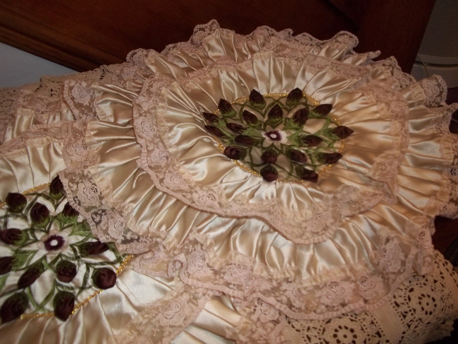 Mid Century Round Pillow Covers, Rich Ivory/Champagne Satin, Choc. Roses, Ruffles Lace, Shabby Decor