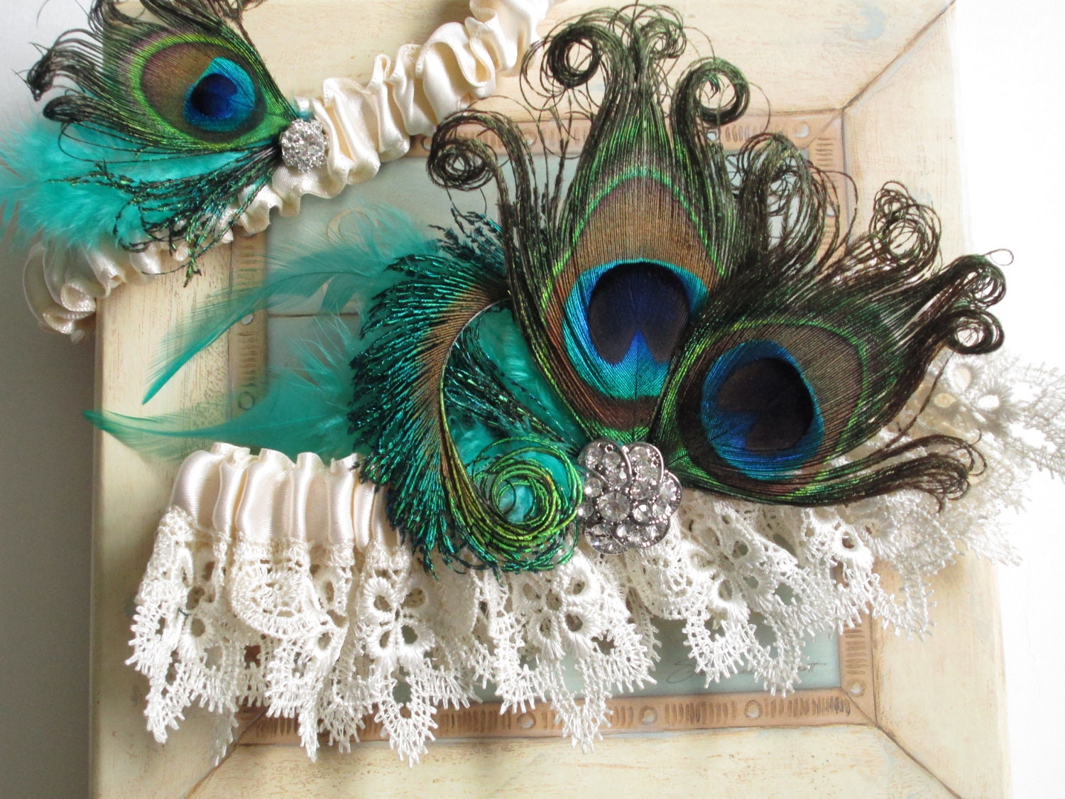 Bridal Wedding Garters, Ivory Satin Garter, Venice Lace Garter, Teal Green Garter, Jade Green Garter, Peacock Garter, Heirloom Garter