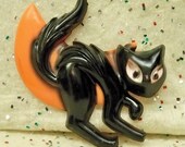 Black Cat And Moon Cake Topper - Plastic Black Cat  Halloween Decoration - 1950s Party Ornament - 3 1/2 Inches By 4 1/2 Inches