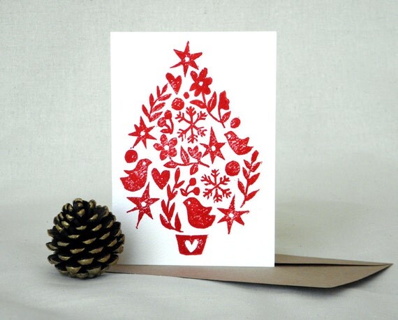 Items similar to Christmas Tree Linocut Block Print Card on Etsy