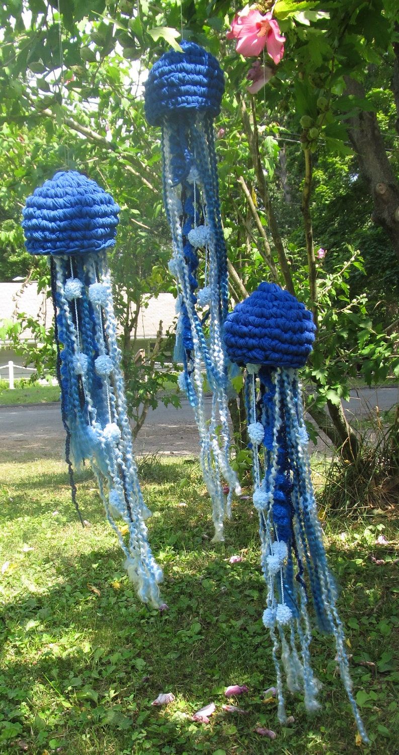 Set of 3 Large Upcycled Crochet Jellyfish. OOAK made to Order. Home Decor
