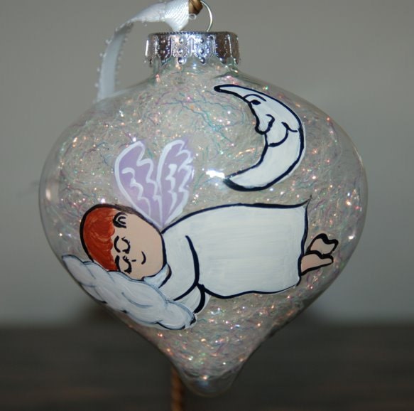 Sleeping Baby Angel Christmas Ornament Hand Painted Glass Angel Hair and Moon