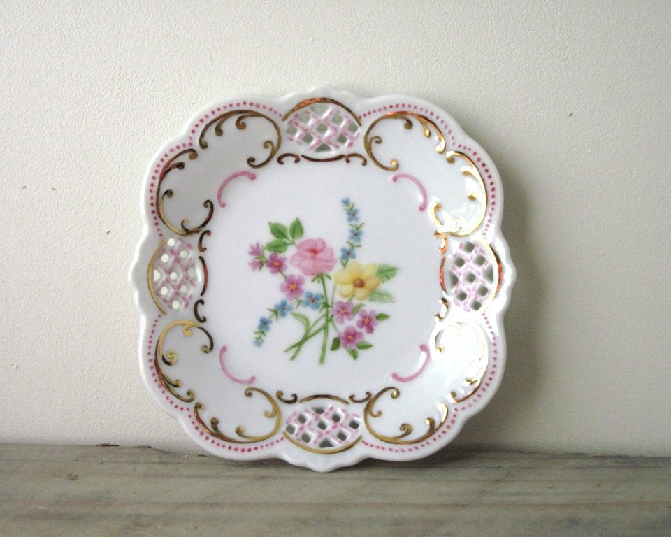 Shabby Chic Hand Painted Lace Dish with Flowers and Gold Trim