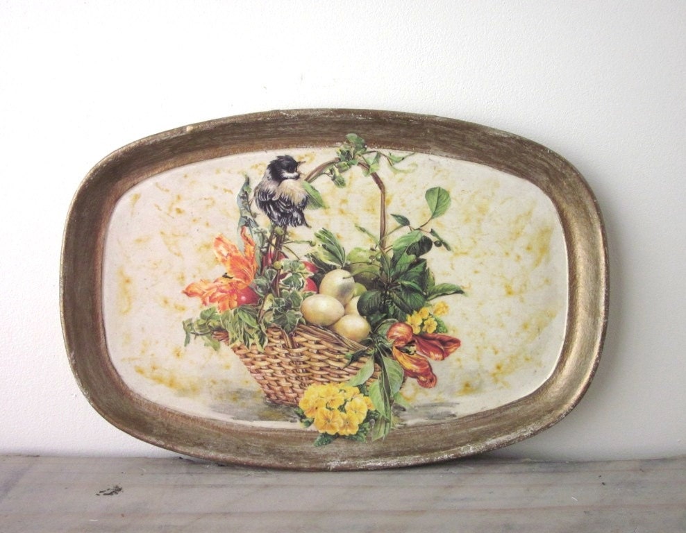 Painted and Decoupaged Wood Tray with Bird Design