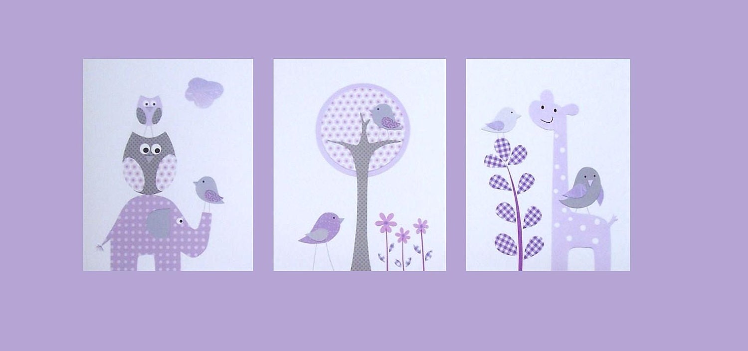 Nursery Art Decor, Kids Wall Art, Baby Girl Room, Birds, Owls, Elaphant, Giraffe, Grey and Purple, Quinn's Tree Set, Set of 3, 11x14 Prints