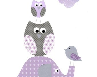 Kids Wall Art, Nursery Decor, Baby Girl Room Decor, Elephants, Owls, Bird, Purple, Lavender, Gray, Stack Em Up, 8x10 Print