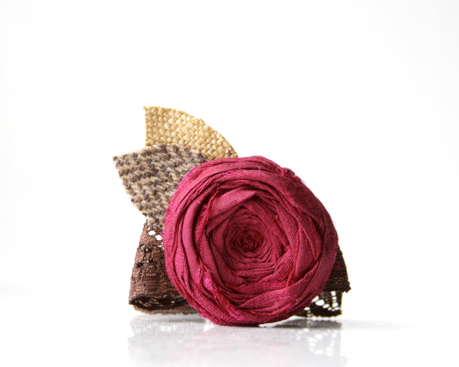 LAST ONE Rosette Fall Winter Bracelet Brydferth Burgundy Wool and Raw Silk Leaves on Cocoa Bean Stretch Lace Band