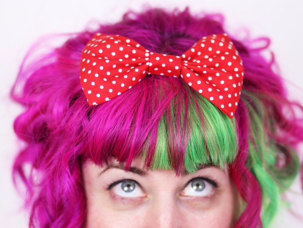 Red Small Spot Hair Bow, Red with White Mini Spot