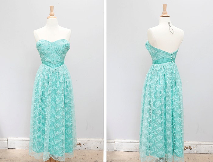 1950s Turquoise Blue Lace Party Dress - XS