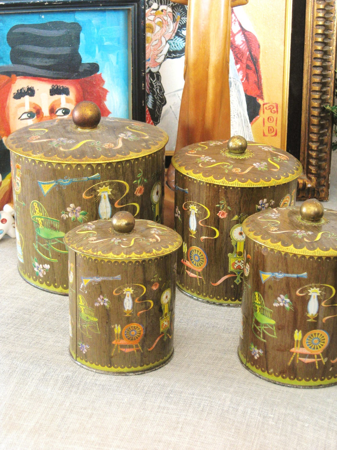 40% OFF Entire Shop - Vintage Daher Litho Tin Canister Set - Farmland Chic