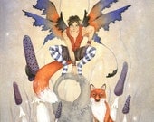 Fairy Art - Fine Art Print - 8.5x11 - Fox Brother - Fantasy, whimsical, animal, orange, blue, watercolor, boy, woodland