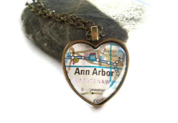 Ann Arbor Map Necklace, Heart Pendant with Chain, Michigan
