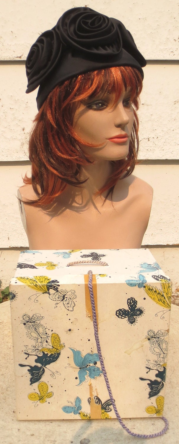 Vintage 1960's Black Satin Hat & Hat Box - Valerie Modes Hat in The Emporium Hat Box
