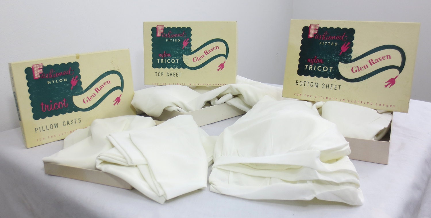 MINT Vintage 1950's Glen Raven White Tricot Sheet Set for a Double Bed- Still In Boxes