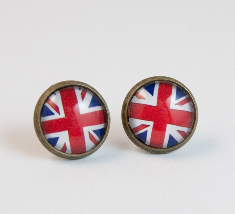 Union Jack Post Earrings, British Flag Stud Earrings, Antique Brass Setting