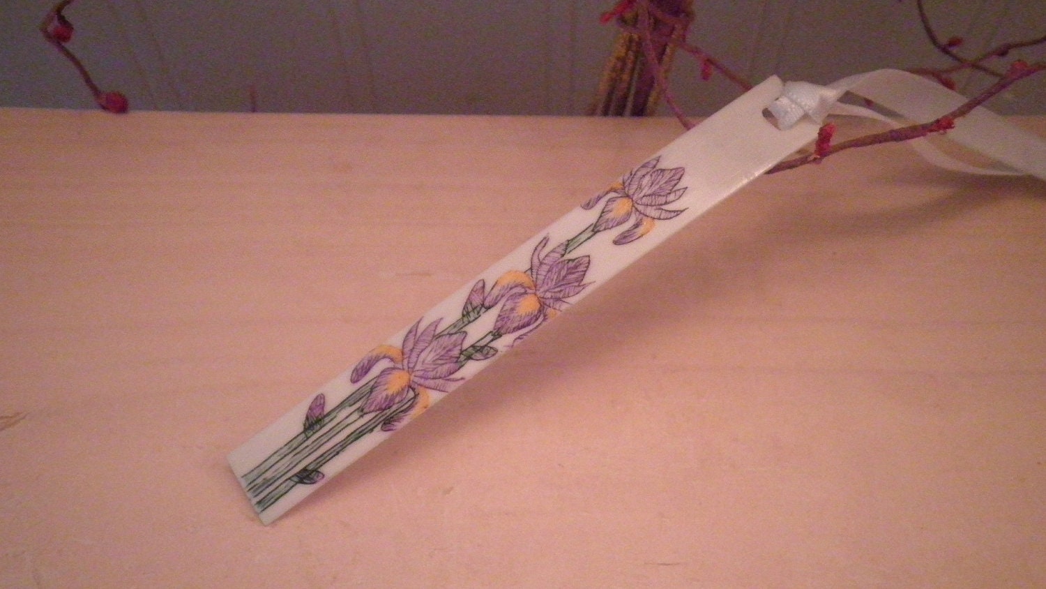 Ivory Scrimshaw Bookmark Purple Iris Flowers OOAK Great Gift Idea
