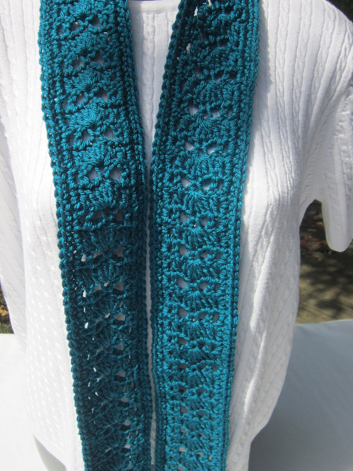 Dark Teal Crochet Scarf Forty Eight Shells and Lace