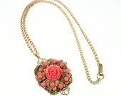 Vintage Pendant Necklace Coral Lucite Flower Goldtone Filigree Antique Jewelry