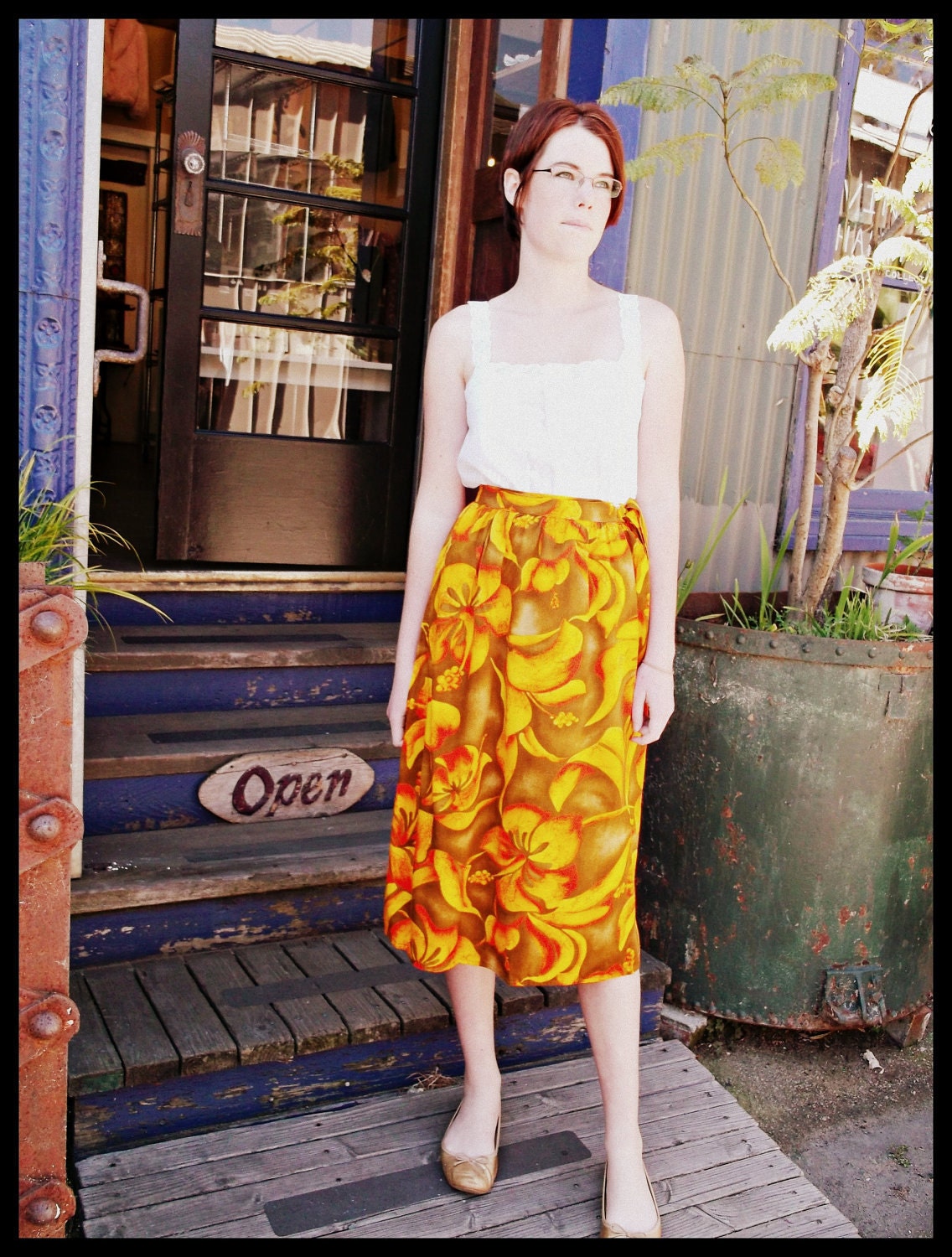 vintage 60s  hawaiian wrap skirt orange floral print