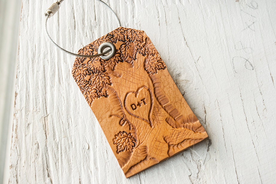 Initial Tree - Leather Luggage Tag - add initials on this hand carved tag - One of a kind, Made to Order - Maple or Oval leaf choice