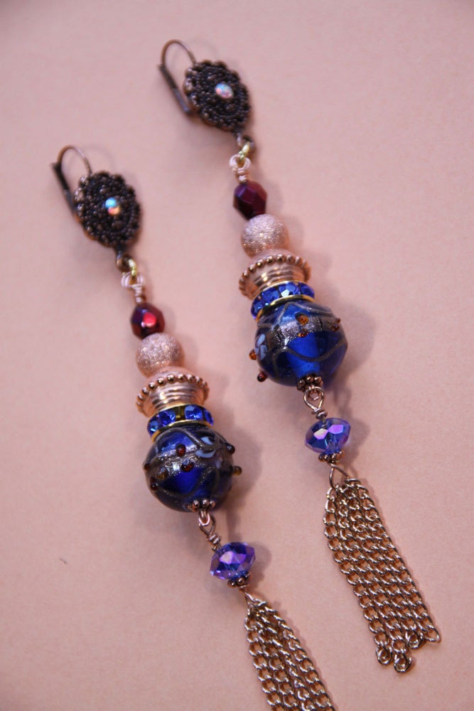 4" 1/2 Blue Indian glass, copper color stardust bead, wine color bead, dangle, drop earrings