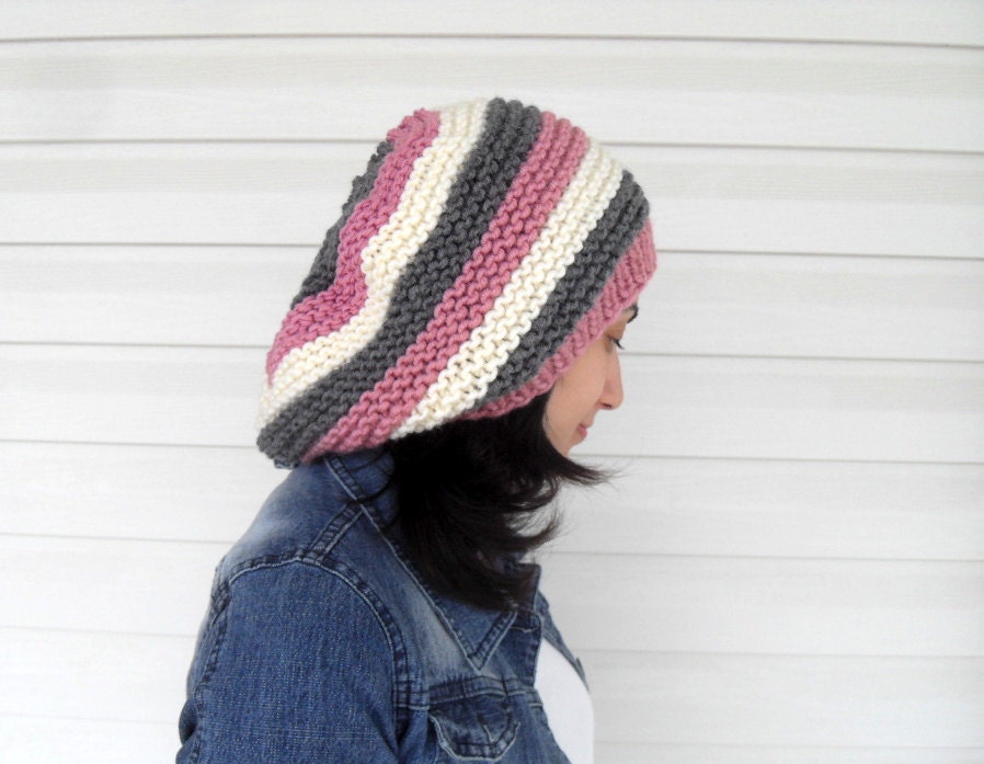 Knitted Slouchy Hat, Multicolor Hat,Winter Hat, Ribbed Chunky Hat, Beanie, Beret,Winter Accessory