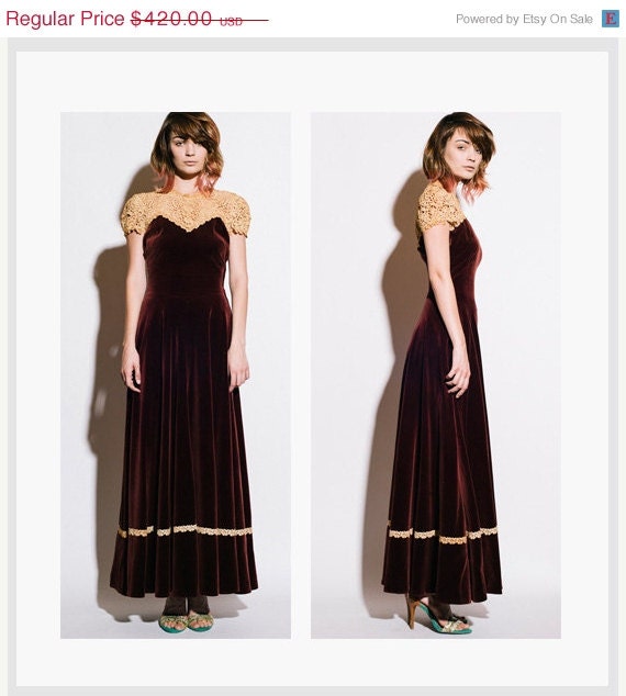 SALE Vintage 1940s Old Hollywood Ecru Lace and Maroon Velvet Floor Length / Maxi Dress