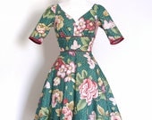 Dark Green Wild Rose Print Cotton Tea Dress - Made by Dig For Victory