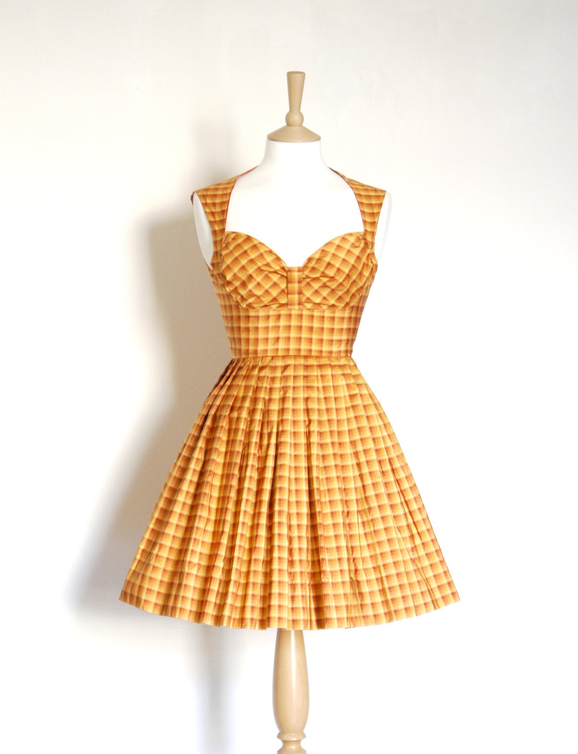 Size UK 8 (US 4-6) - Terracotta Silk Taffeta Gingham Bustier Dress - made by Dig For Victory