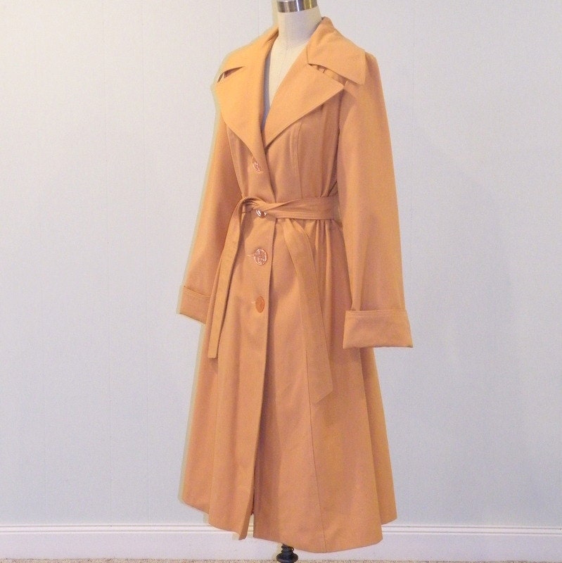 Vintage 1970s Swing Trench Coat, 70s Persian Orange Swing Skirt Winged Collar Long Sleeve Fall Coat, Back Tuck Pleats, Detective Spy Coat