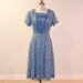 Vintage 40s Dress, 1940s Blue & Green Cotton Voile Leaf Print Day Dress, Pintuck Bodice Rhinestone Bow Accent Belt, Mary McBride Large