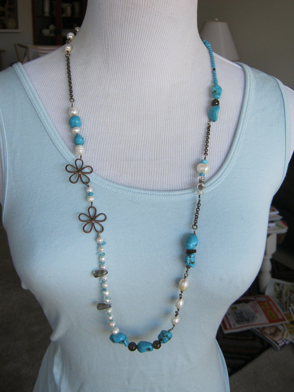 Pearl, Turquoise and Smoky Quartz Necklace