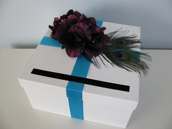 Custom Wedding Card Box Purple, Teal, Aqua and Peacock Feathers YOU CUSTOMIZE Colors and flowers