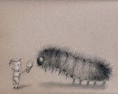 Sharing a snack with a woolly bear - Childhood Imagination series - original graphite and colored pencil drawing on pastel colored paper