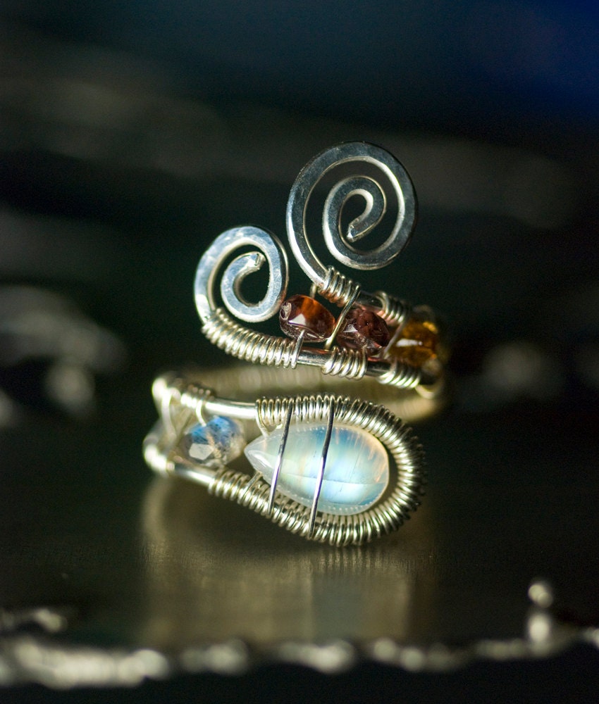 Moonstone Argentium Silver Gemstone Wirework Ring - Fire Rainbow Moonstone, Labradorite, Sapphire, Garnet, June Birthstone - "Moonrise"
