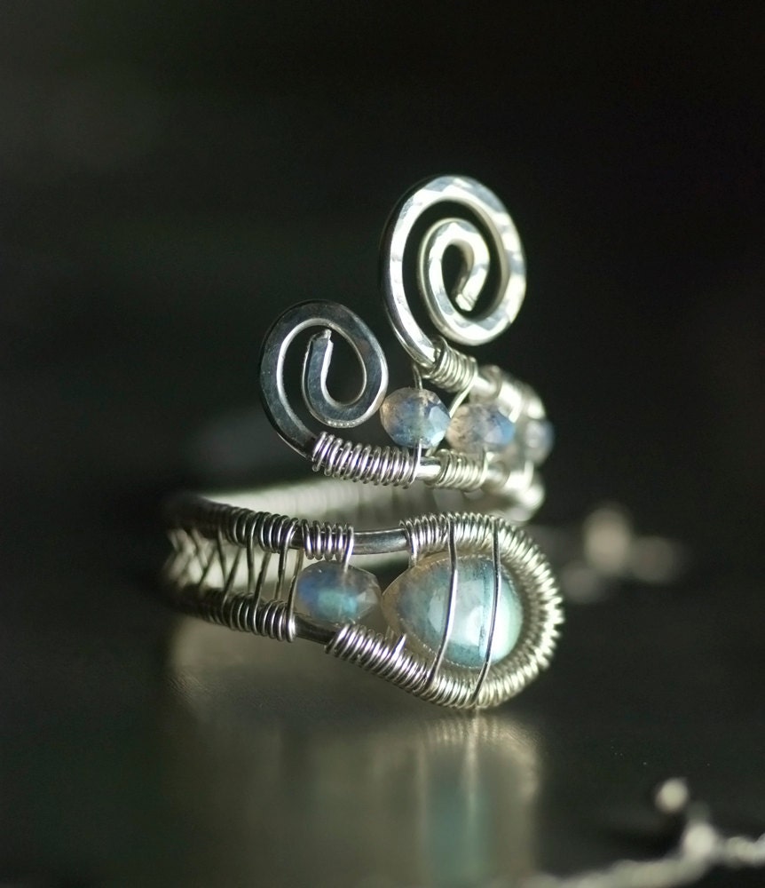 Labradorite Ring, Nickel Free, Argentium Silver Ring - AA Blue Green Fire Labradorite, Iridescent, Blue Flame - "Luna" Moss & Mist Jewelry