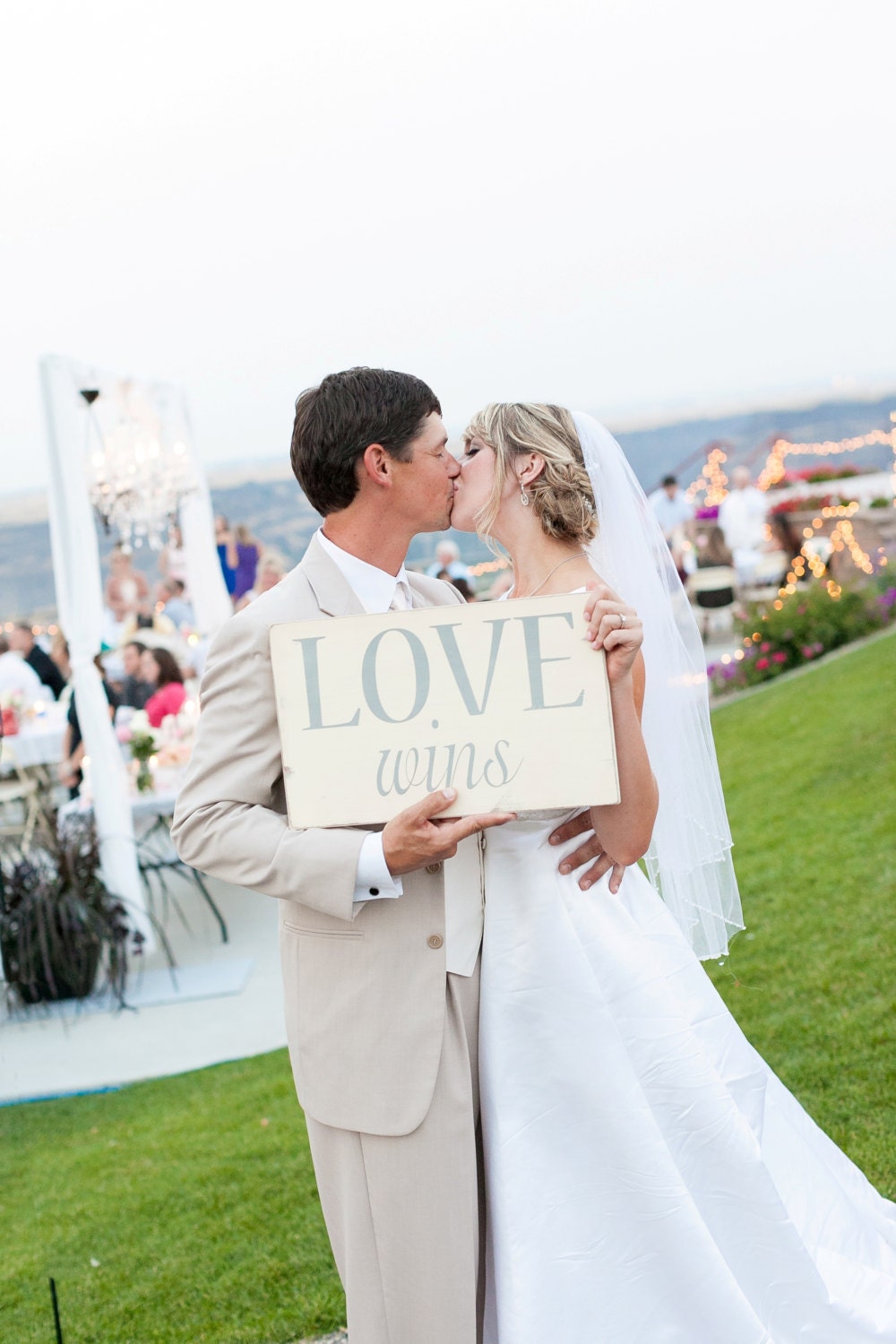 Love Wins Distressed Sign in Cream with Grey Letters Vintage Style for all the Monkees over at Momastery - Great wedding photo prop
