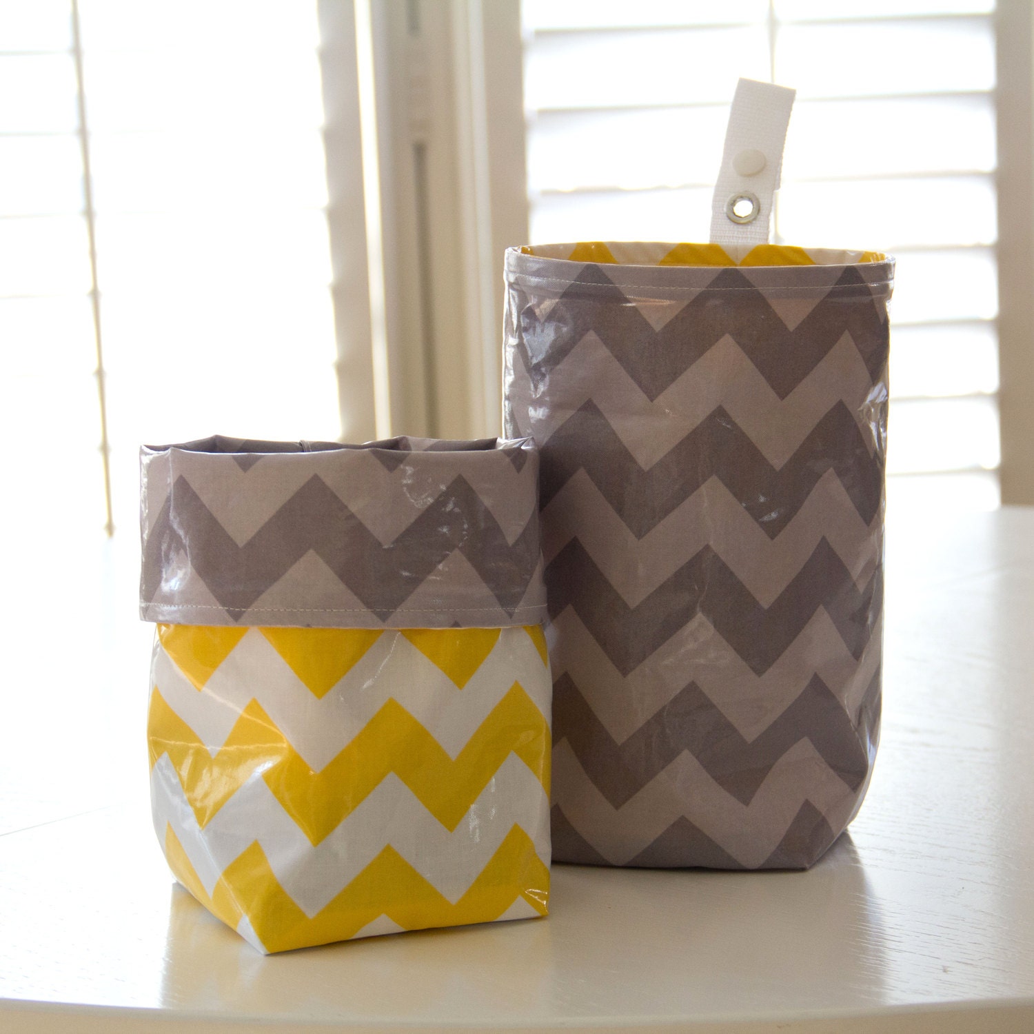 Wastebasket car trash can use anywhere trash can made of laminated cotton waterproof WASTIE plus FREE Command Hook gray and yellow chevrons