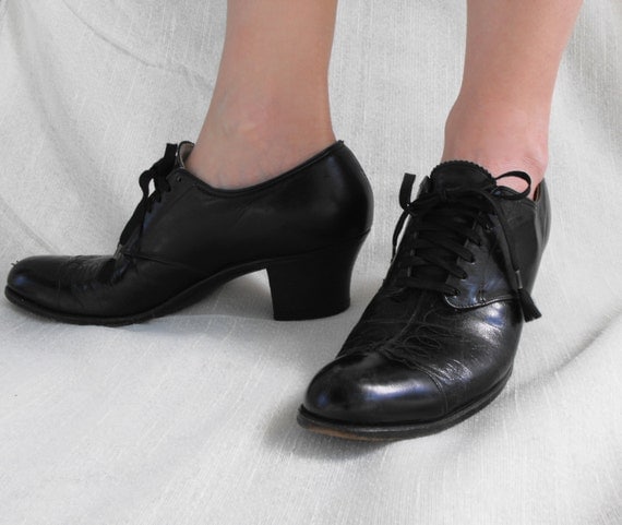 Vintage 40s Granny Shoes Black Heels Supreme Oxford 7 By Soulrust