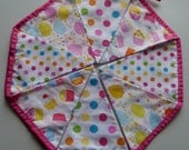 Reusable Fabric Bunting / Flags / Pennants Birthday party cakes spots balloons pink