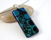 Black and Teal Necklace, Teal Pendant, Fused Glass Dichroic Jewelry