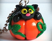Vegas Halloween - Black Cat On A Pumpkin Necklace- Polymer Clay - AllForJasmine