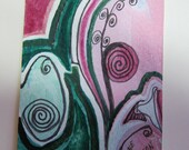 ACEO Emerald Pink Swirls, Original watercolor 301 collectible, abstract painting