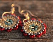 SALE - Bloom Earrings - Red and Blue - Jewelry, Drop, Earrings, Jewelry, Beadwork, Handmade, Dangle