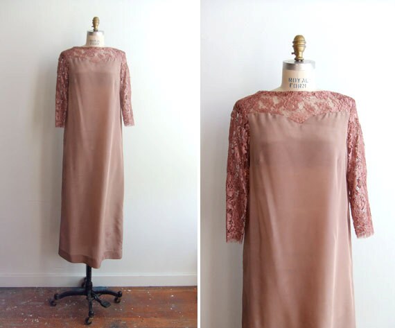 SALE/////Vintage 1960s dusty rose maxi dress with lace shoulders and sleeves
