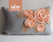Sukan / ROSES Flowers, Gray Linen Pillow Cover - Decorative Throw Pillow Cover - Lumbar Pillow Cover - 12x20 inch